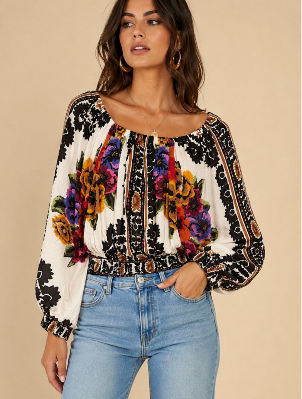 Rachel Zoe NWT Floral Peasant Blouse XS Off Shoulder Balloon Sleeve Boho Top